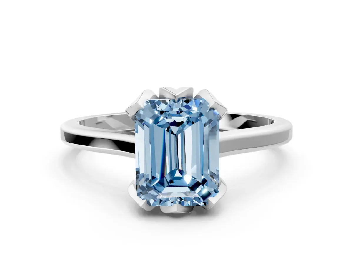 Fancy Blue Emerald Cut Diamond Solitaire Ring with Flower Prong Setting and Classic Band White gold
