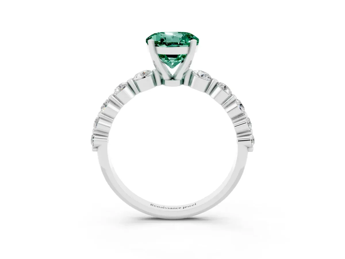 Round Cut Solitaire Green Sapphire Ring with Pave Band and Four-Prong Setting Silver