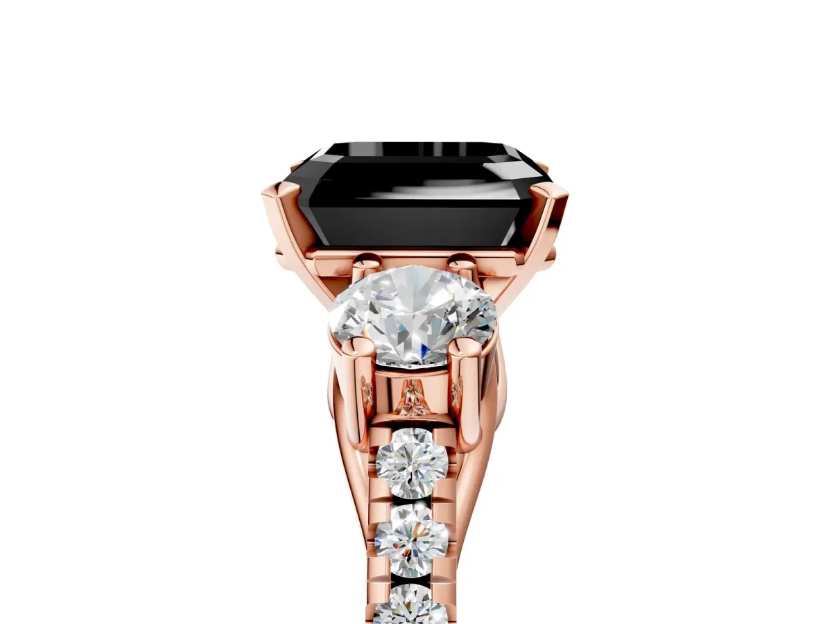Fancy Black Three-Stone Asscher Cut Diamond Pavé Band with Four-Prong Setting Rose gold