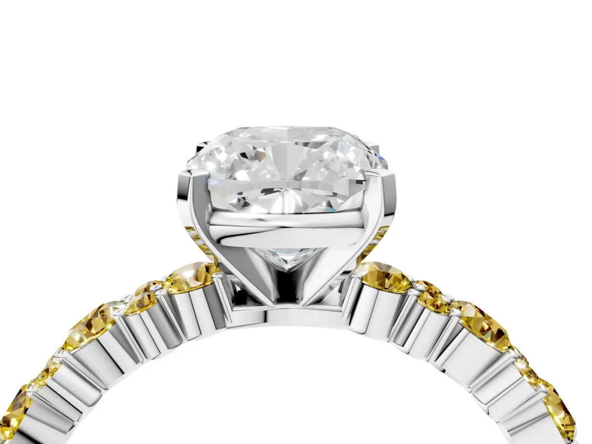 Cushion Cut Diamond Side Stone Solitaire Ring with Round Yellow Sapphire and Four-Prong Setting Silver