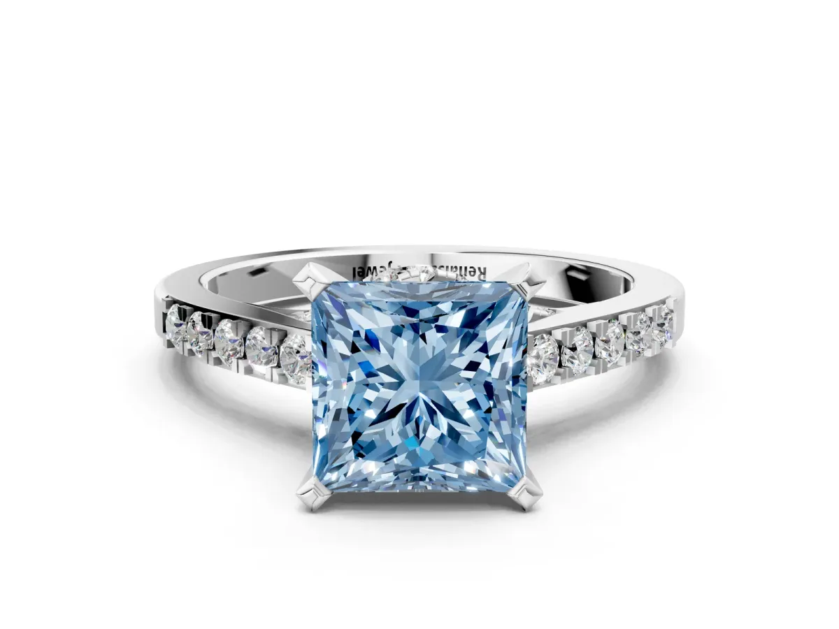 Fancy Blue Princess Cut Diamond Solitaire Ring with Crossover Gallery and Round Pavé Band Silver