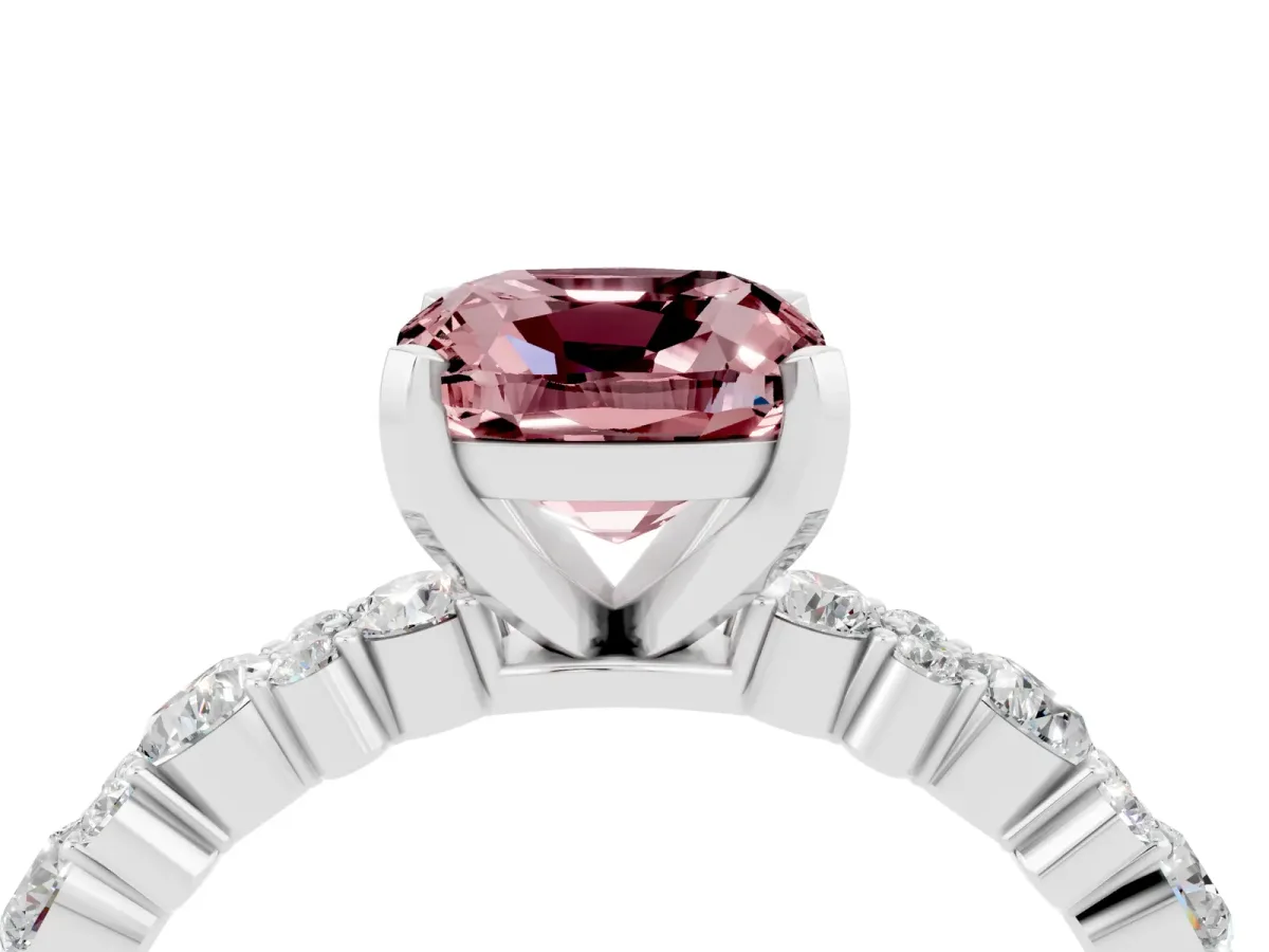 Cushion Cut Morganite Side Stone Solitaire Ring with Round and Four-Prong Setting Platinum