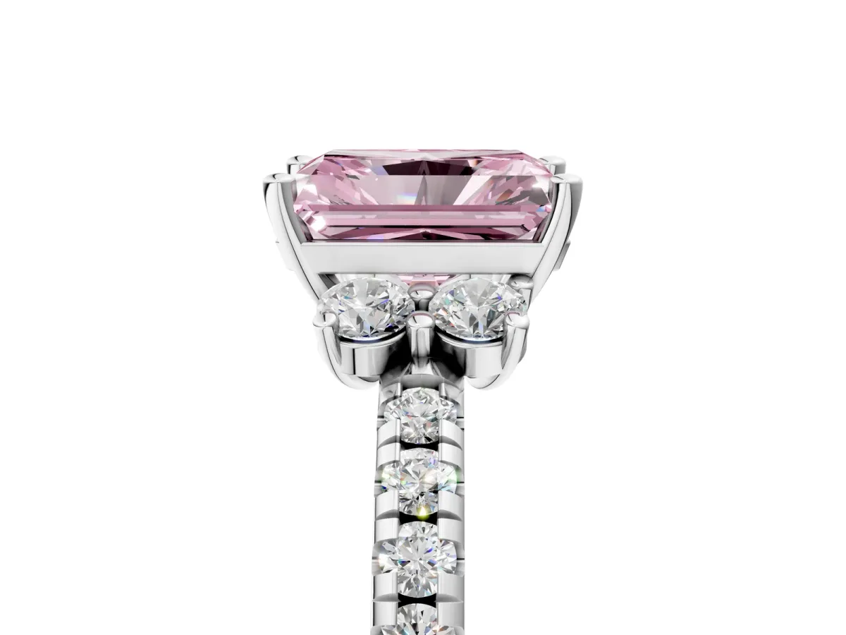Fancy Pink Radiant Cut Diamond Three-Stone Pave Band with Four-Prong Setting Platinum