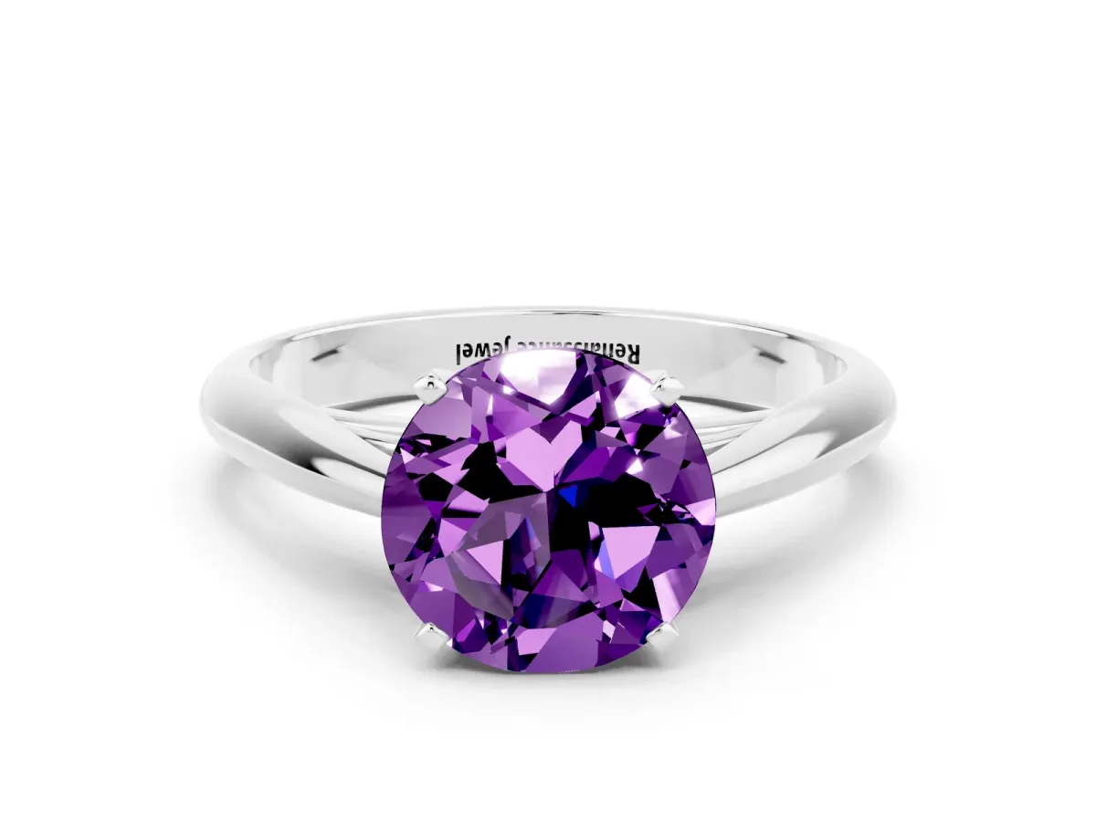 Round Cut Amethyst Solitaire Engagement Ring with Cathedral Setting and Four-Prong Mount White gold
