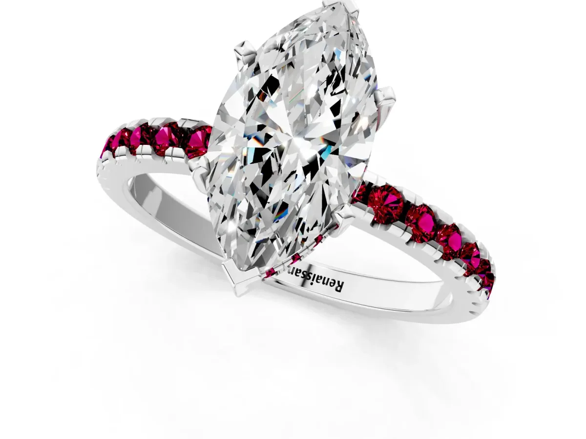 Marquise Cut Diamond Solitaire Ring with Round Garnet Pavé Band and Four-Prong Setting Silver