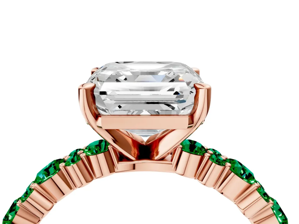 Asscher Cut Diamond Side Stone Solitaire Ring with Round Emerald and Four-Prong Setting Rose gold