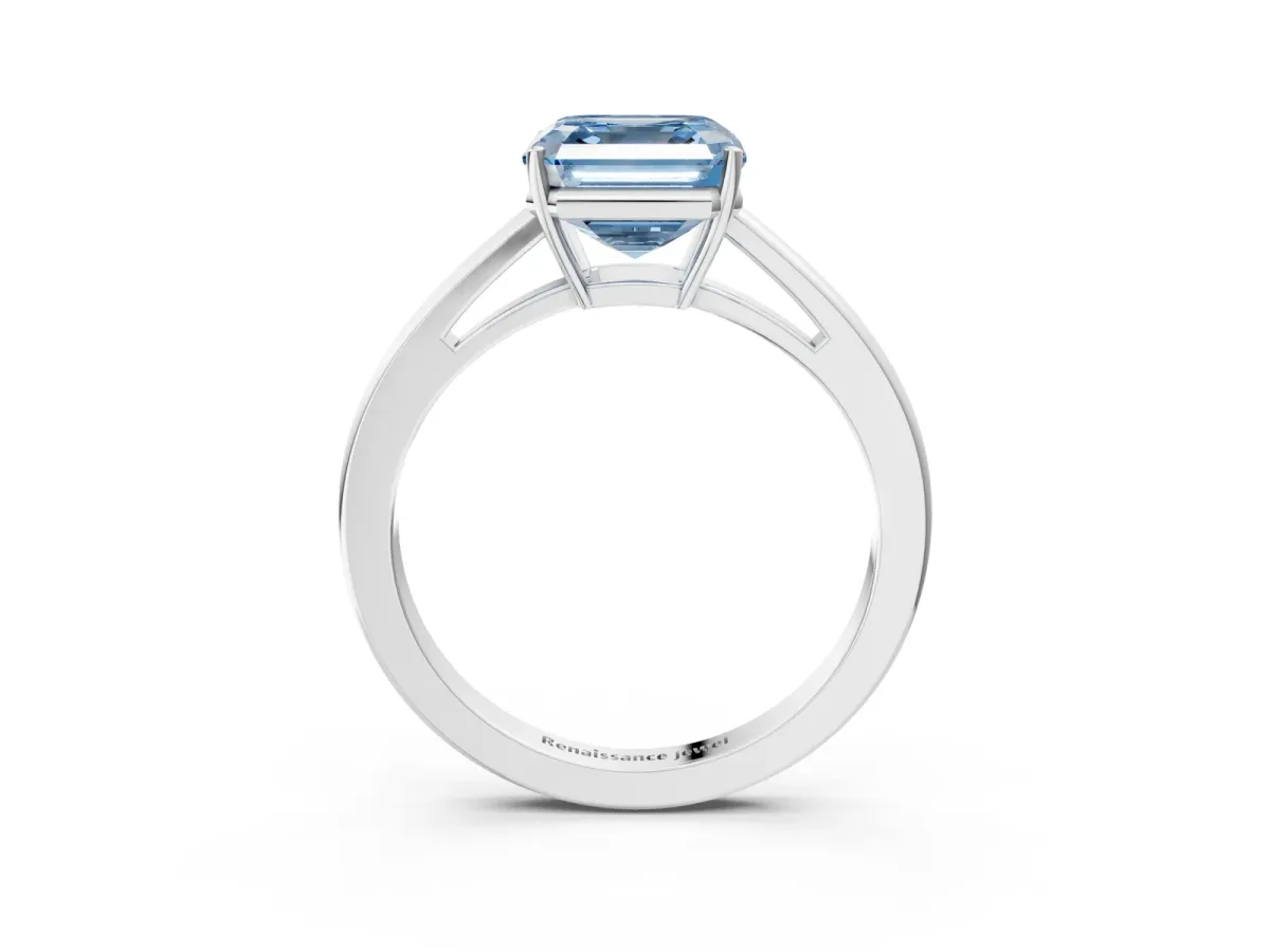 Fancy Blue Asscher Cut Solitaire Diamond Ring with Split Shank and Four-Prong Setting Platinum