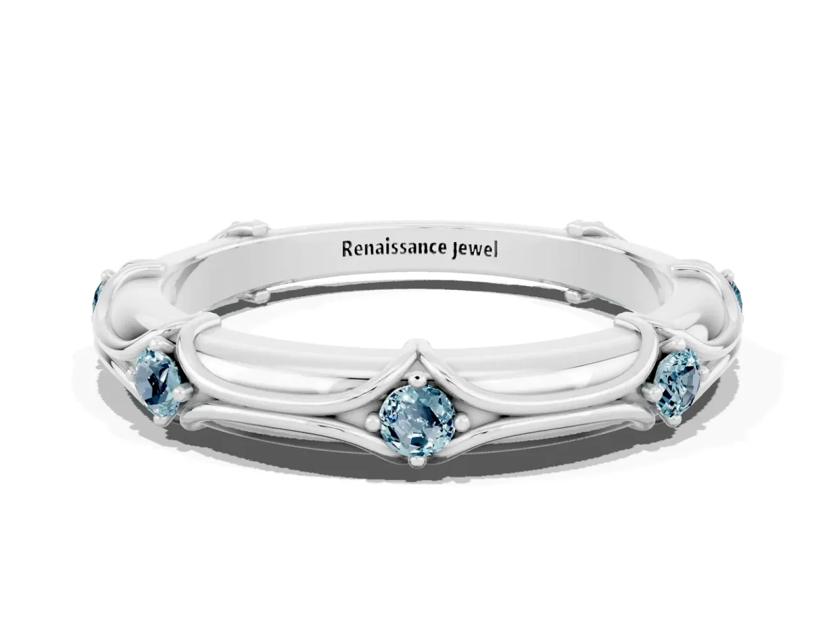 Round Aquamarine Prong Set Milgrain Eternity Band Silver
