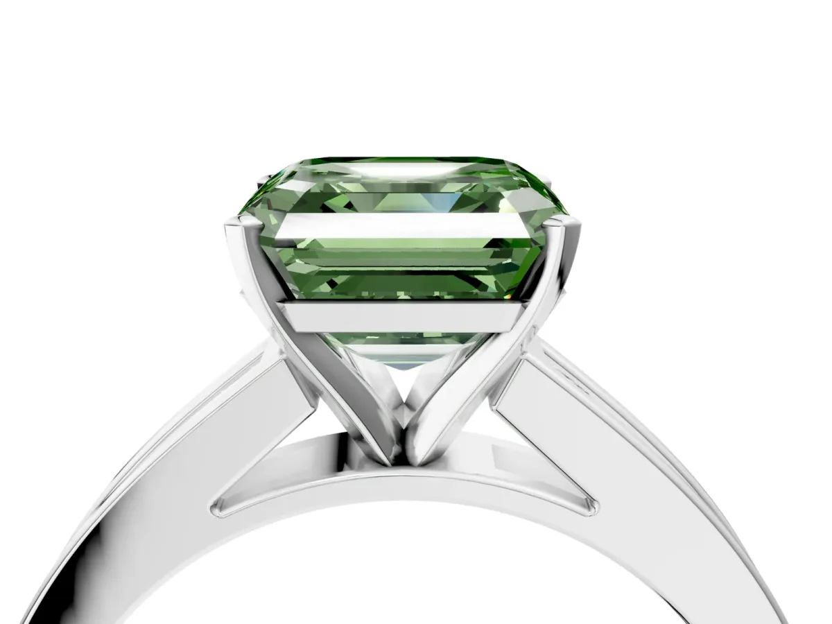 Fancy Green Asscher Cut Solitaire Diamond Ring with Channel-Set Band and Four-Prong Setting Platinum