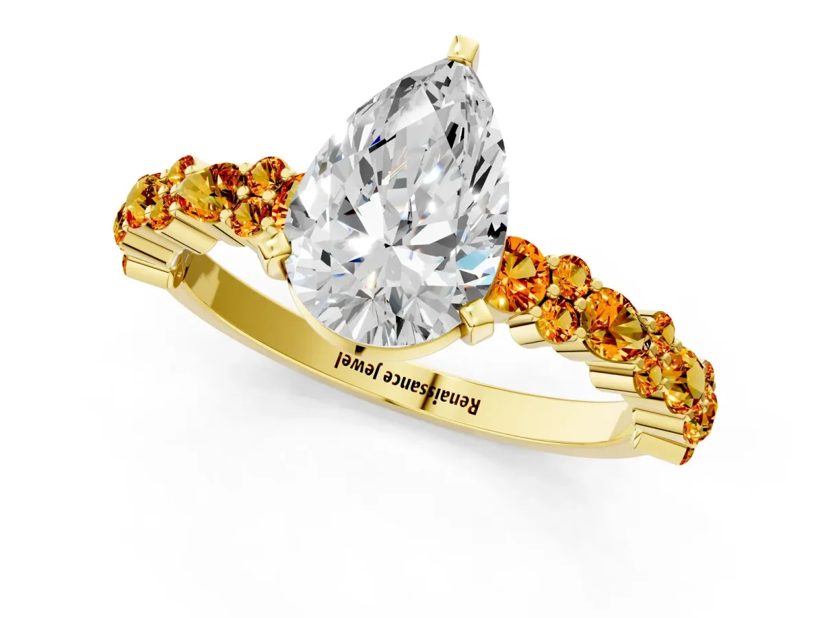 Pear Cut Diamond Side Stone Solitaire Ring with Round Citrine and Four-Prong Setting Yellow gold