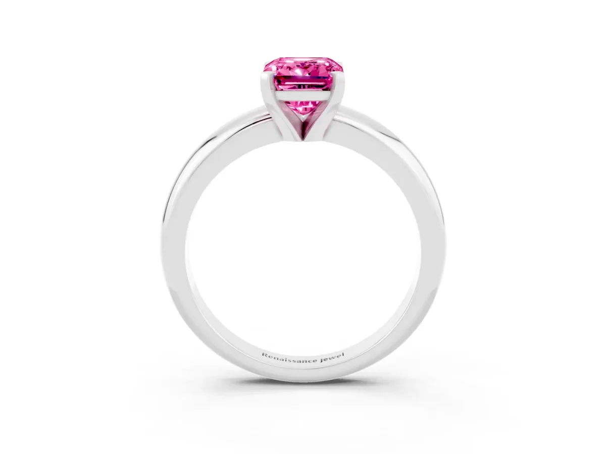 Emerald Cut Pink Sapphire Solitaire Engagement Ring with Round Band and Four-Prong Setting Silver
