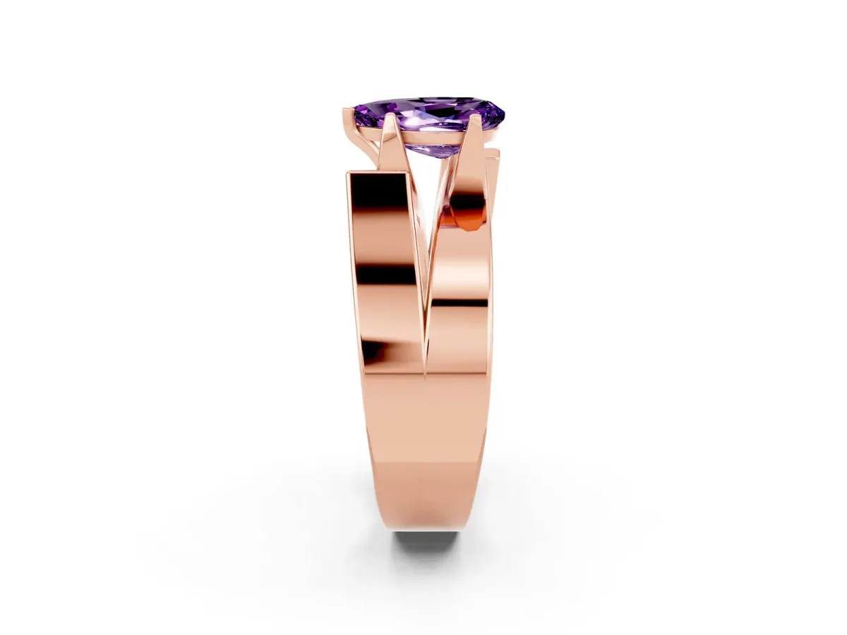Modern Tension Set Pear Cut Amethyst Solitaire Wide Band Ring Rose gold