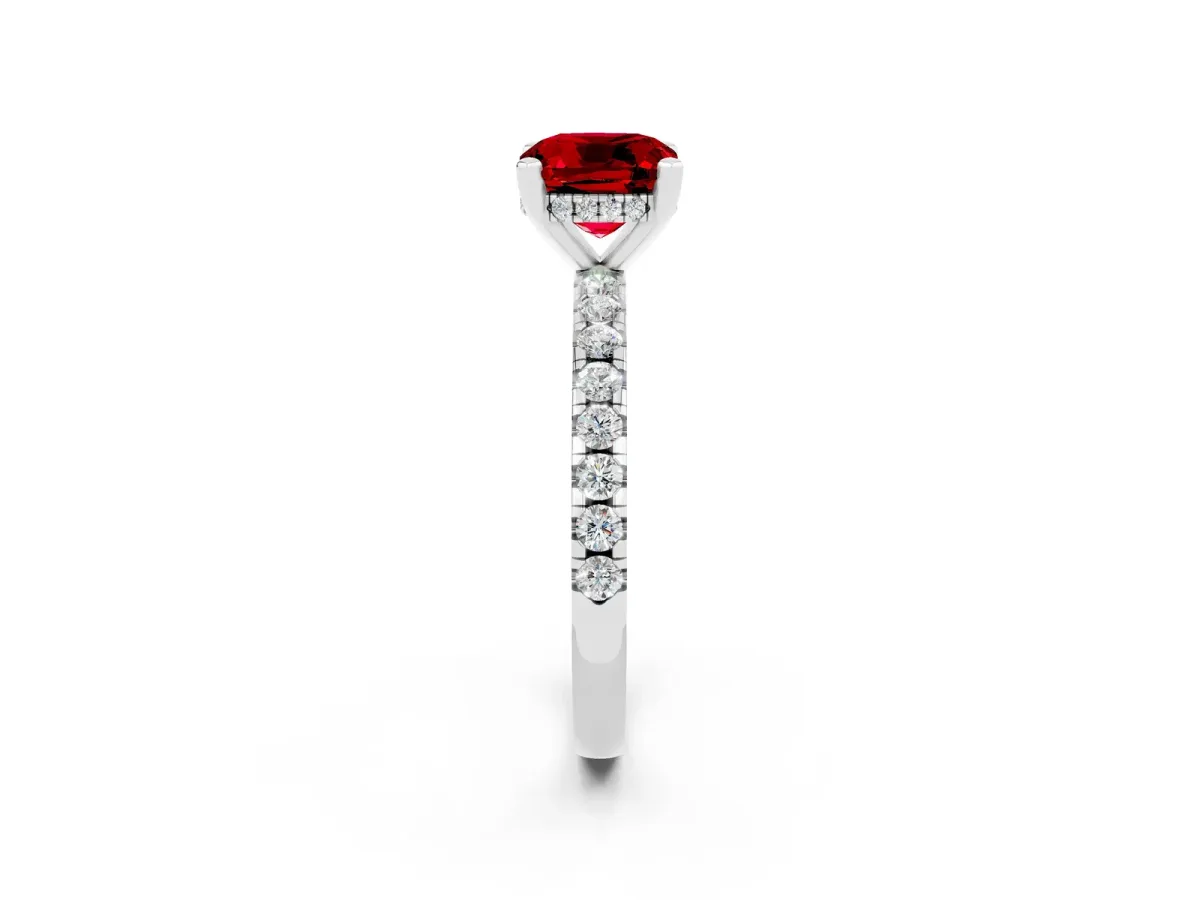 Cushion Cut Ruby Solitaire Ring with Round Pavé Band and Four-Prong Setting Platinum