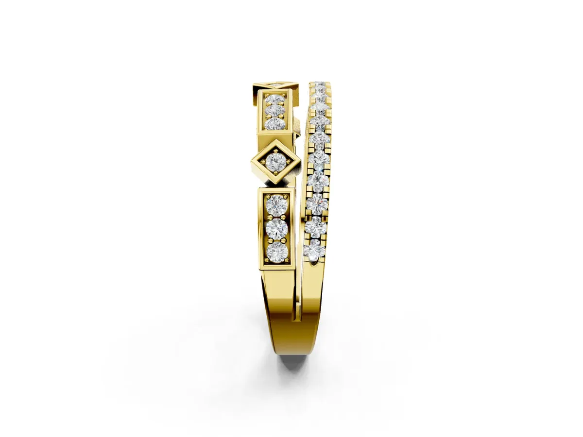Pavé Round Diamond Channel Set Dual Band with Prong Setting Yellow gold