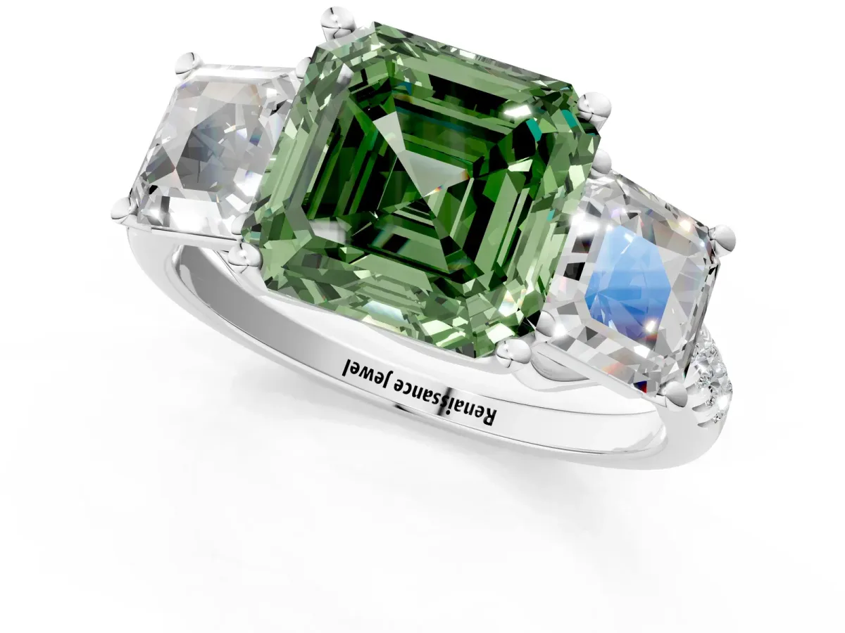 Fancy Green Three-Stone Asscher Cut Diamond Ring with Round Pavé Band and Prong Setting Silver
