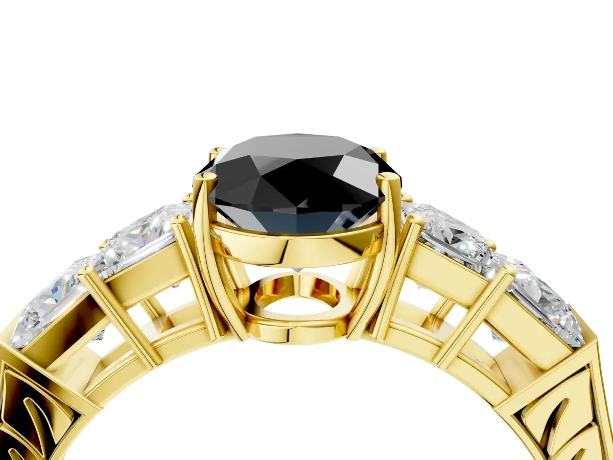Fancy Black Oval Cut Solitaire Princess Side Stone Engraved Band Prong Setting Ring Yellow gold