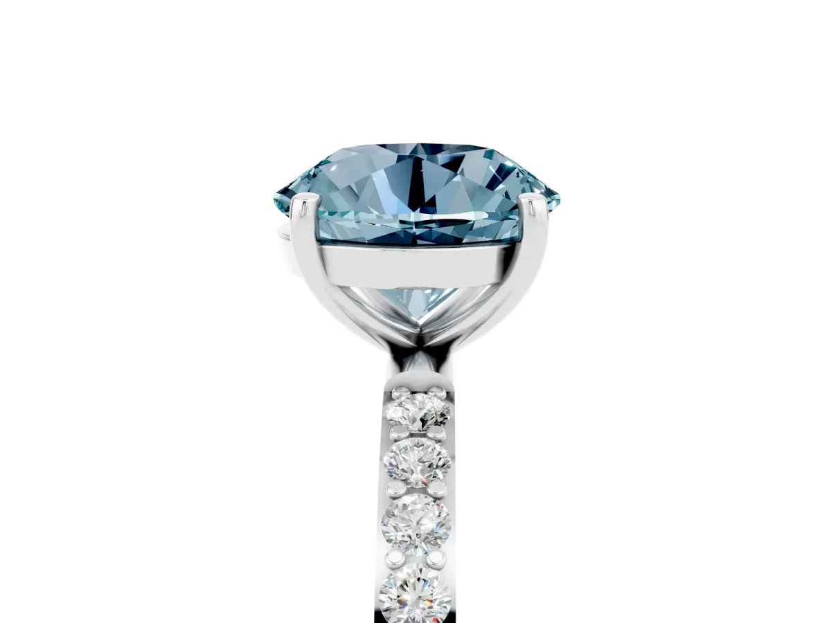 Round Cut Aquamarine Solitaire Ring with Round Pavé Band and Prong Setting Silver