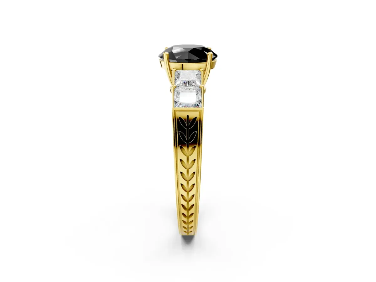 Fancy Black Round Cut Solitaire Princess Side Stone Engraved Band Prong Setting Ring Yellow gold