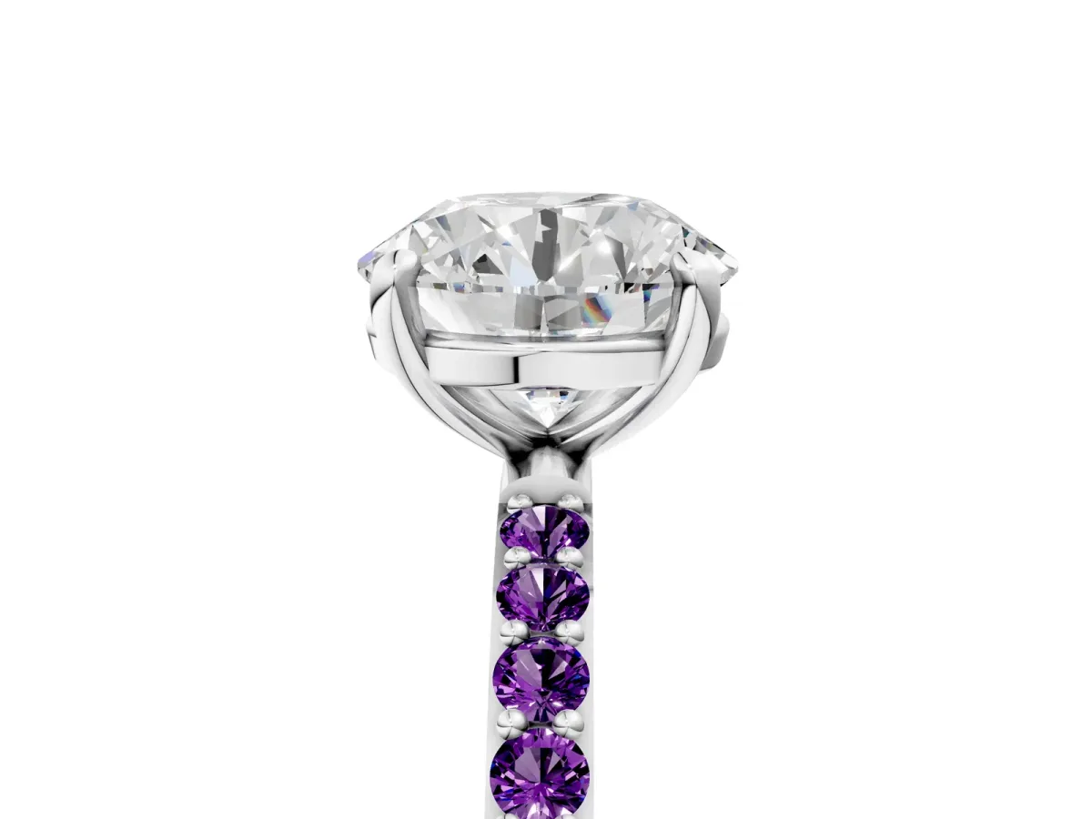 Round Cut Diamond Solitaire Ring with Round Amethyst Pavé Band and Prong Setting Silver