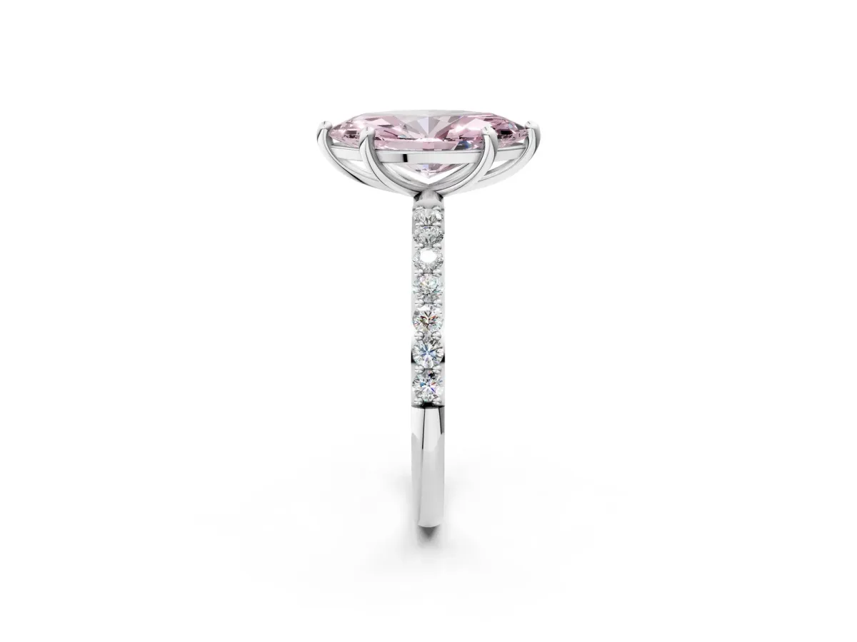 Fancy Pink Marquise Cut Diamond Solitaire Ring with Round Pavé Band and Prong Setting Silver