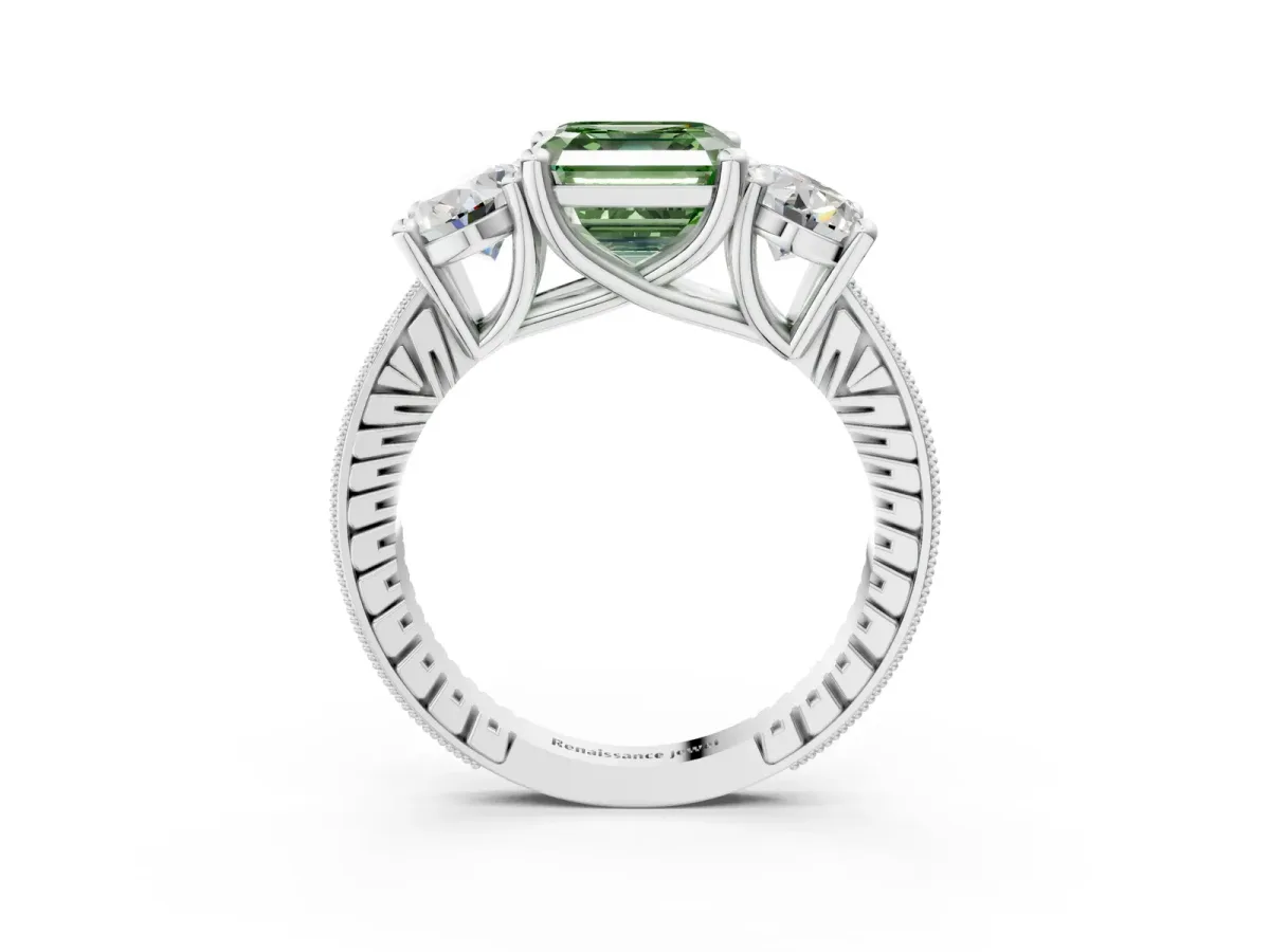 Fancy Green Three-Stone Asscher Cut Diamond Milgrain Pave Band with Prong Setting Platinum