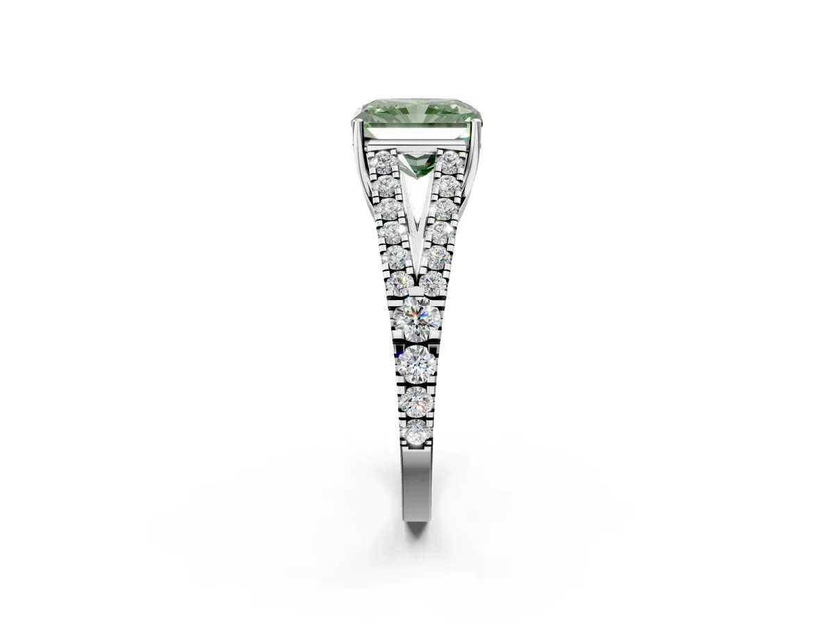Fancy Green Radiant Cut Diamond Split Shank Engagement Ring with Round Pavé and Prong Setting Platinum
