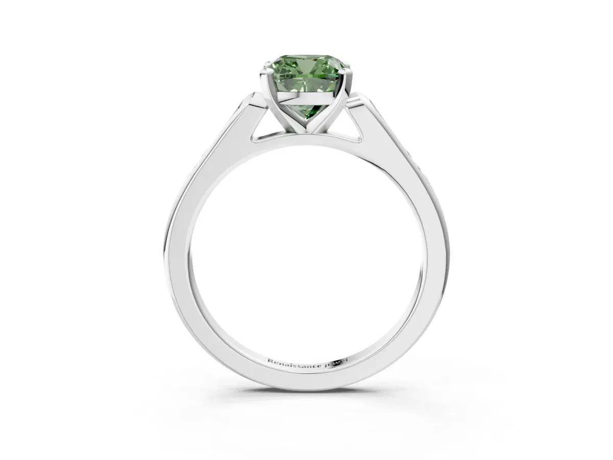 Fancy Green Cushion Cut Diamond Solitaire Ring with Channel Set Round Band and Prong Setting Silver