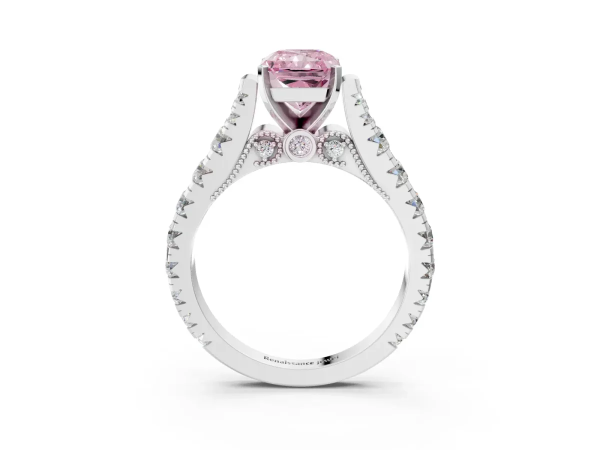 Fancy Pink Radiant Cut Diamond Classic Solitaire Ring with Pavé Band and Four-Prong Setting Silver