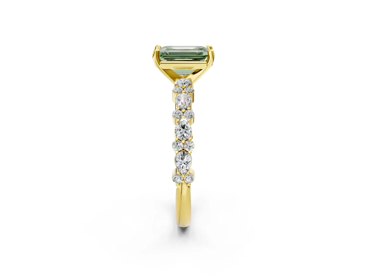 Fancy Green Emerald Cut Diamond Side Stone Solitaire Ring with Round and Four-Prong Setting Yellow gold