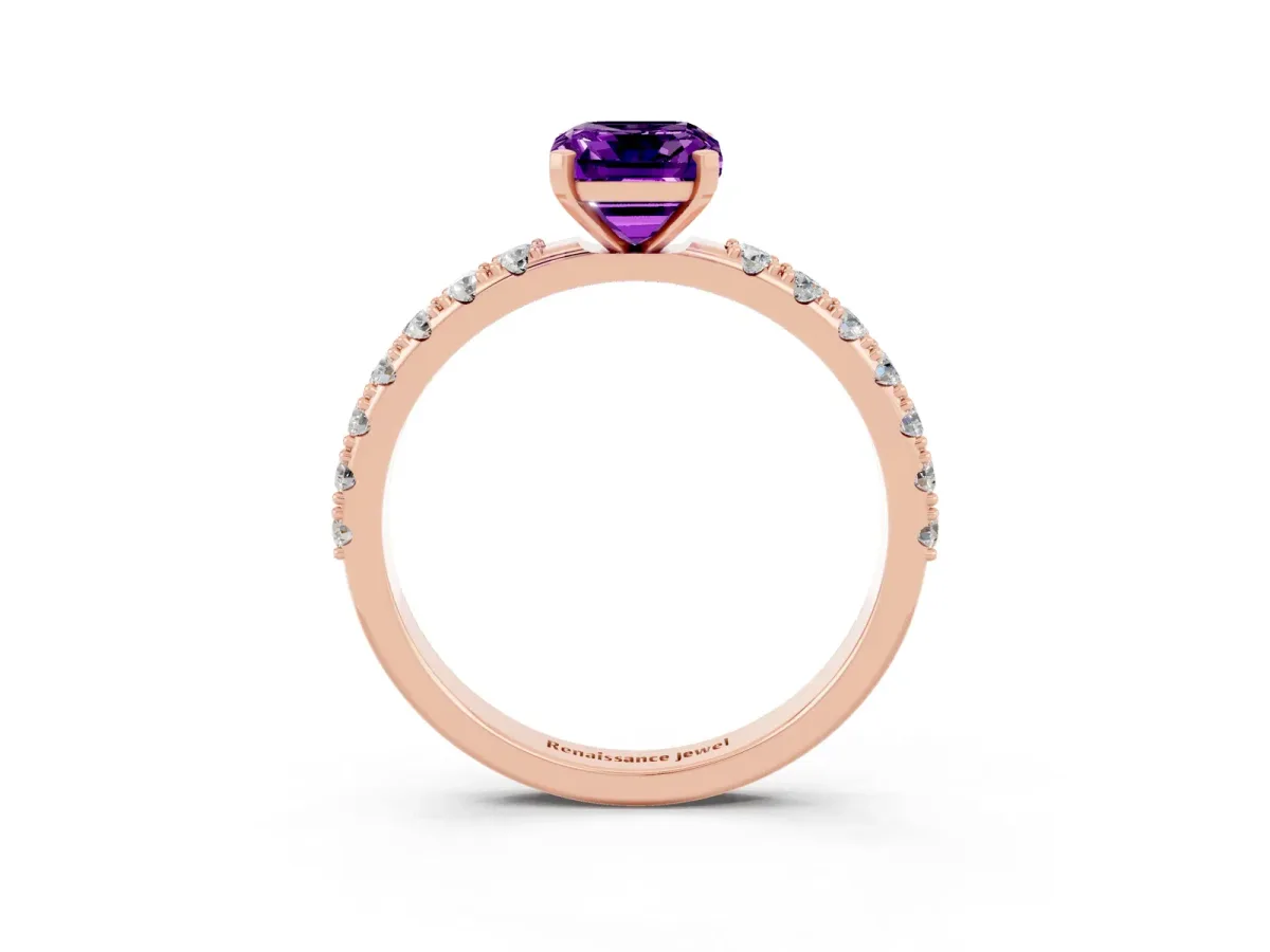 Emerald Cut Amethyst Solitaire Pavé Band with Four-Prong Setting Rose gold