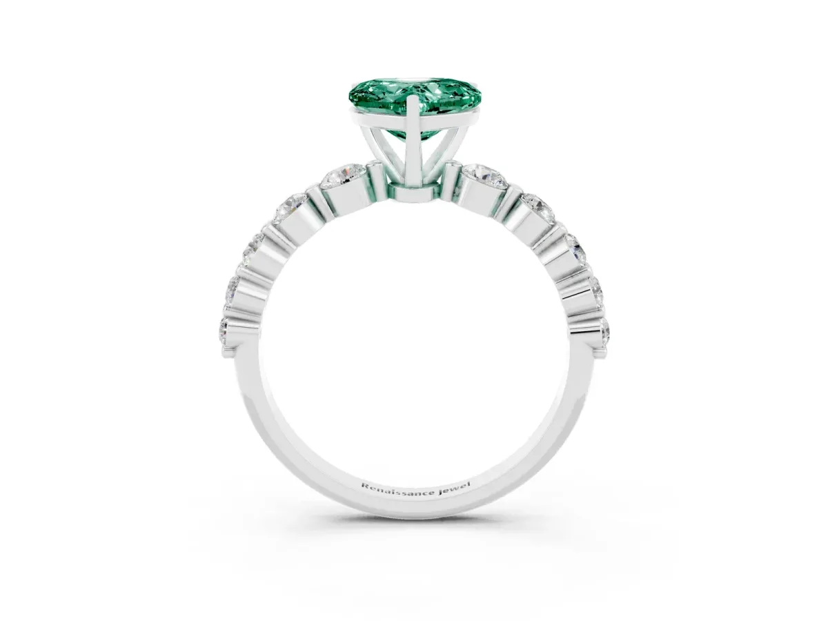 Heart Cut Solitaire Green Sapphire Ring with Pave Band and Four-Prong Setting Silver