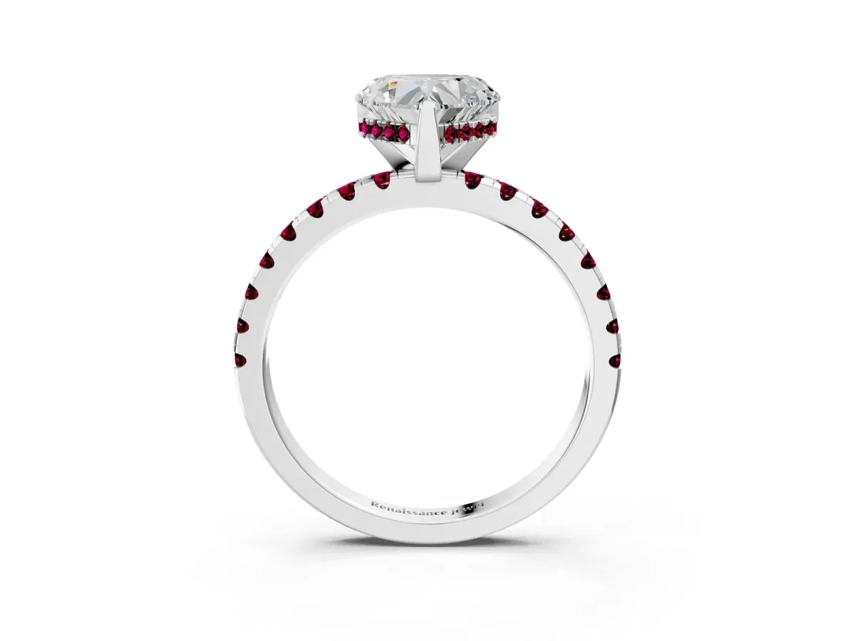 Heart Cut Diamond Solitaire Ring with Round Garnet Pavé Band and Four-Prong Setting Silver