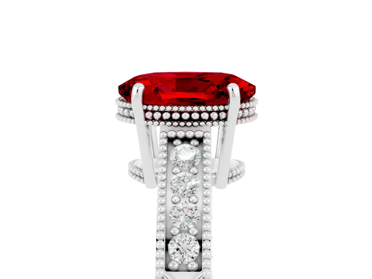 Oval Cut Ruby Engagement Ring with Milgrain Channel Set Band and Prong Setting Platinum