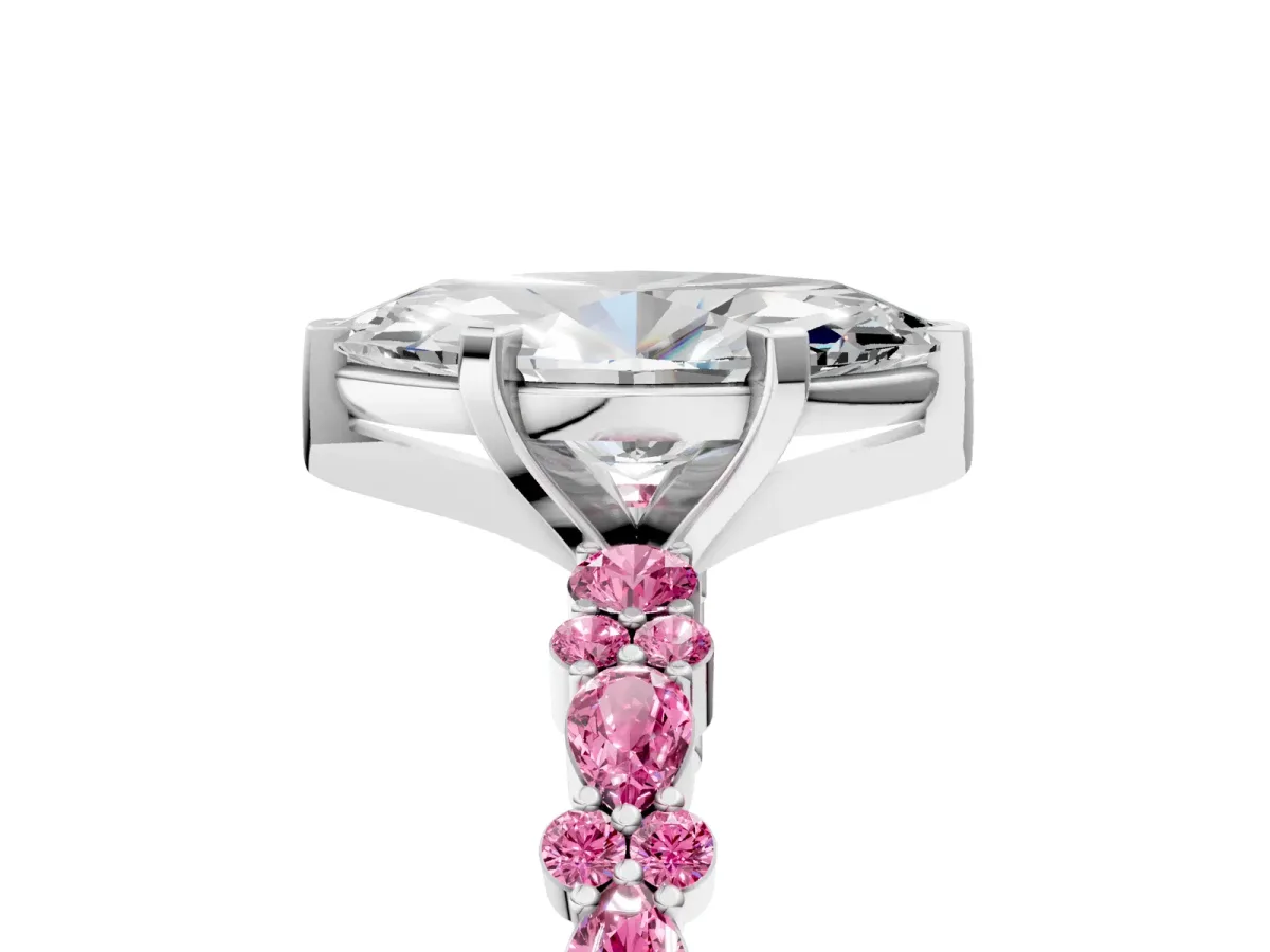 Marquise Cut Diamond Side Stone Solitaire Ring with Round Pink Sapphire and Four-Prong Setting Silver