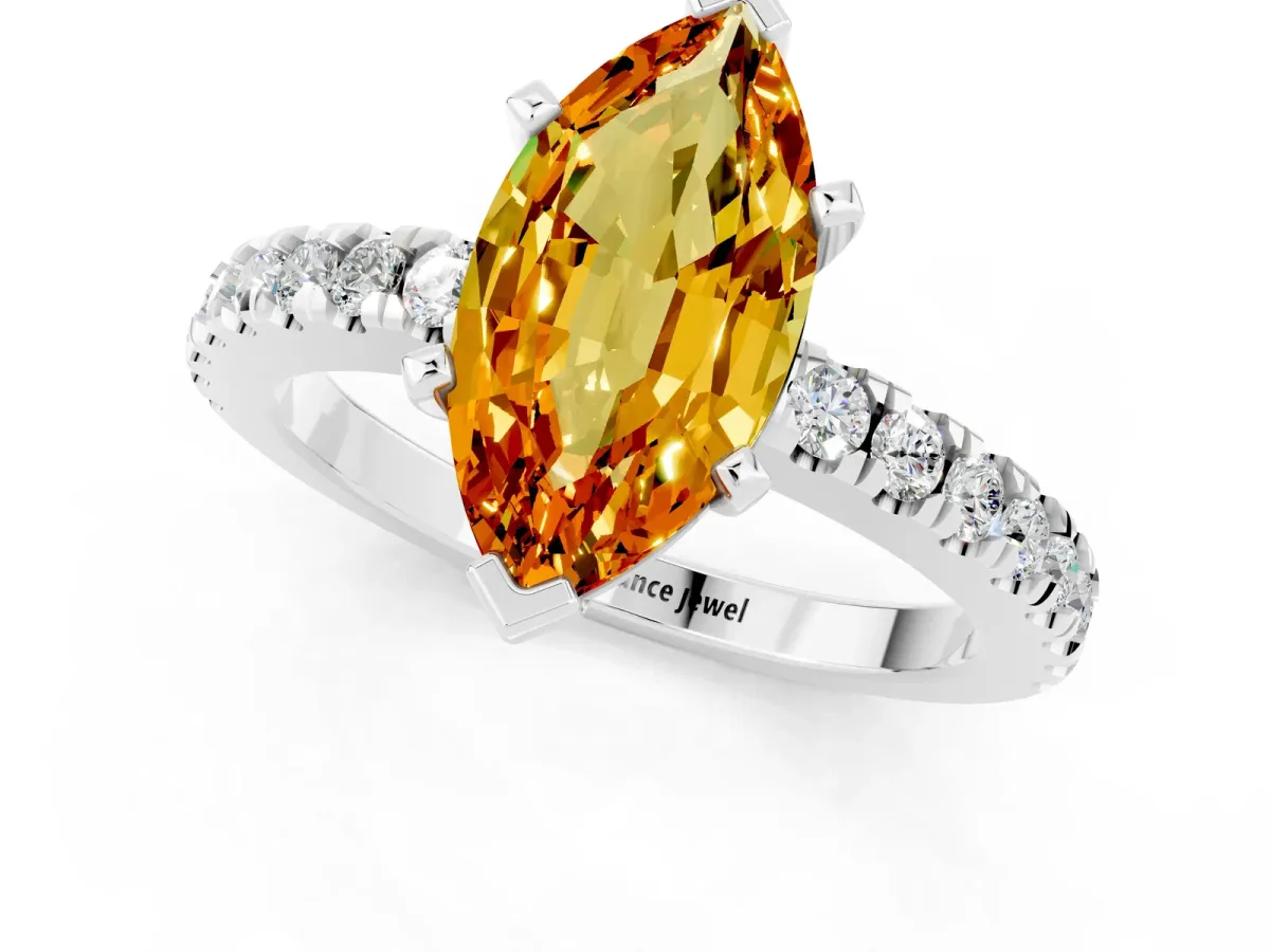 Marquise Cut Solitaire Citrine with Pavé Band and Four-Prong Setting Silver