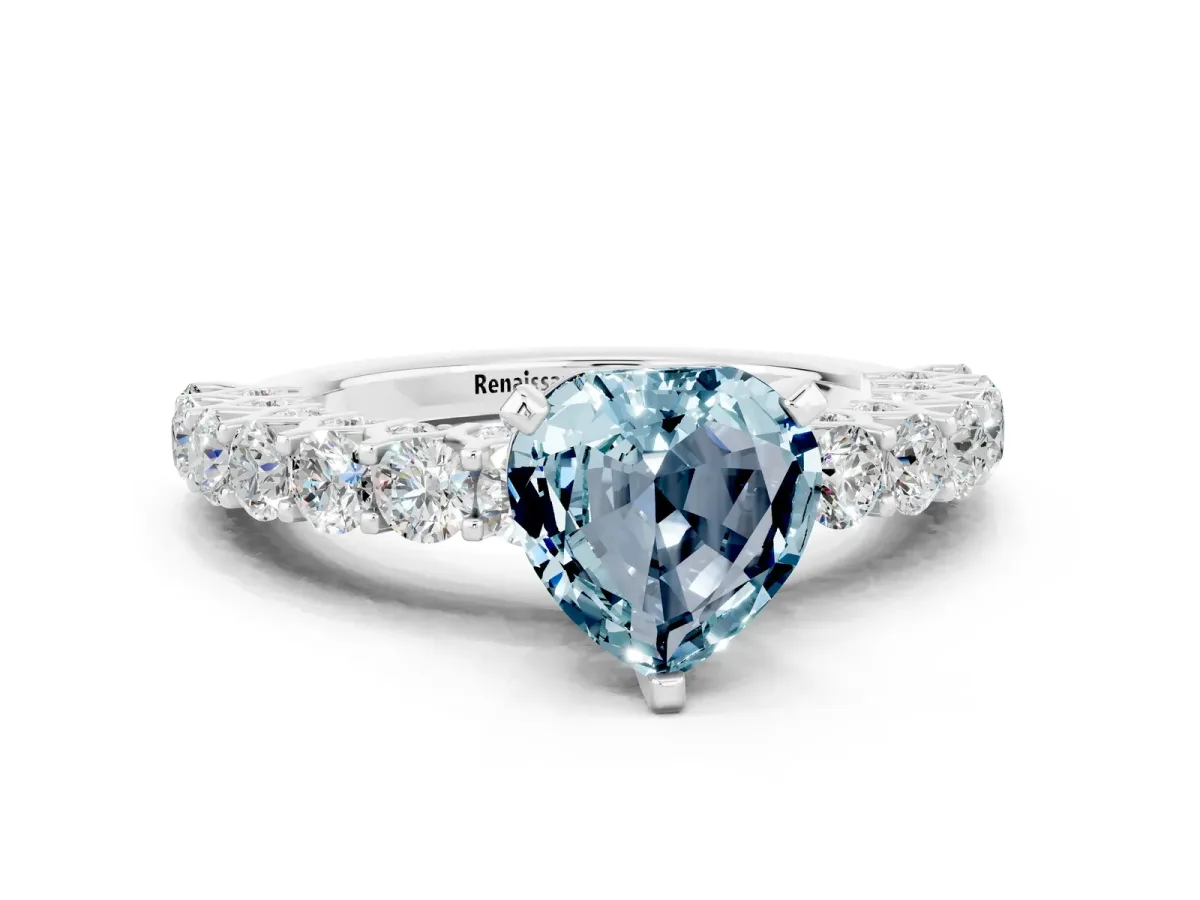 Heart Cut Aquamarine Solitaire Ring with Shared Prong Pavé Band and Four-Prong Setting Silver