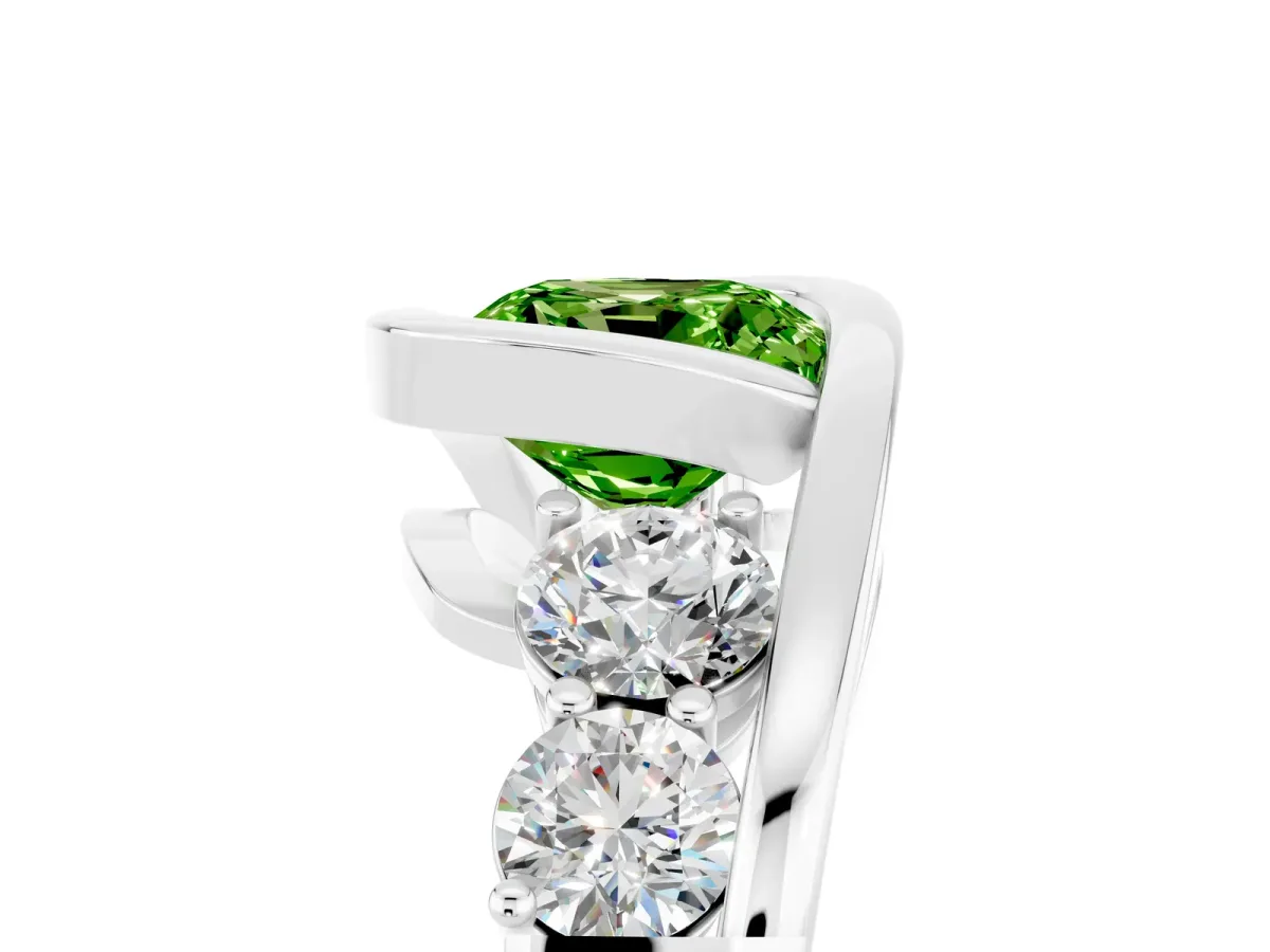 Bezel Set Cushion Cut Peridot Bypass Ring with Round Accents Silver
