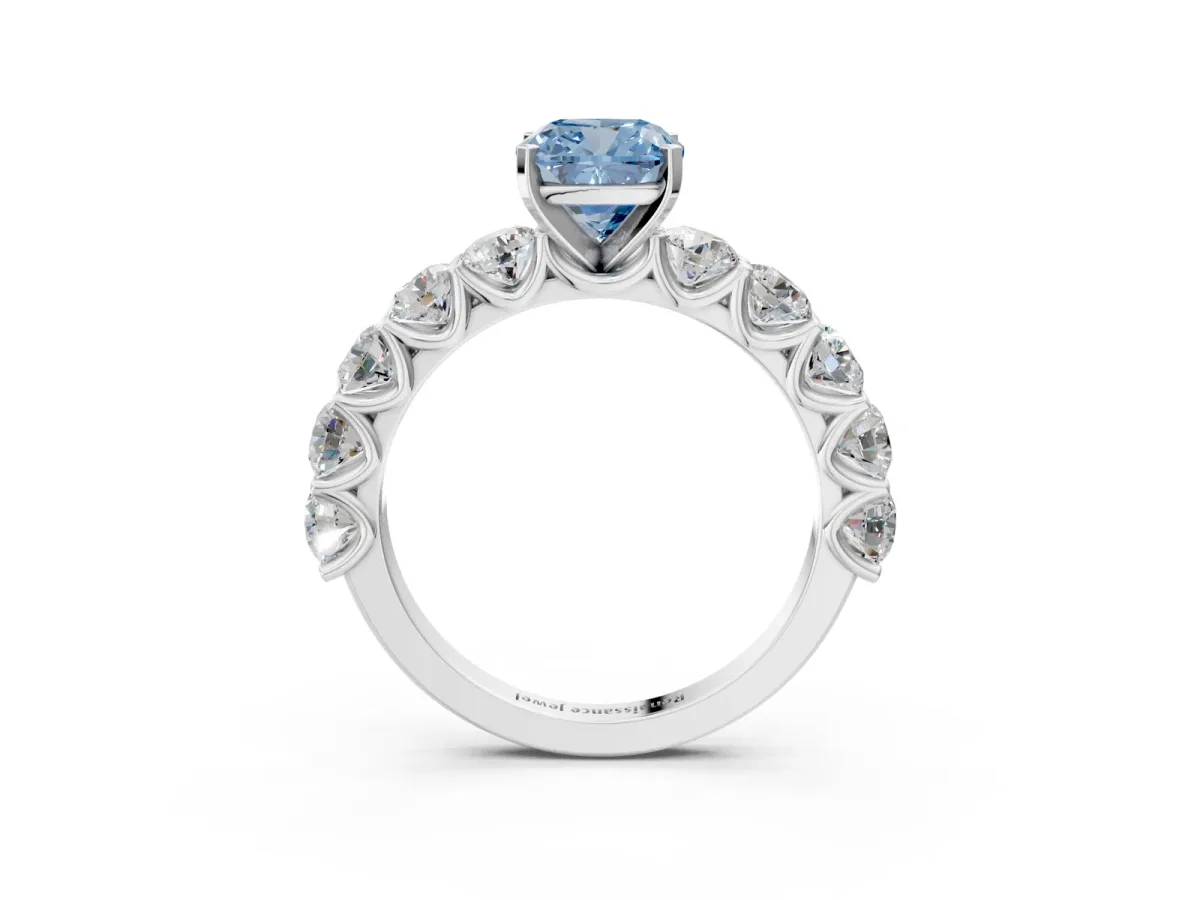 Fancy Blue Cushion Cut Diamond Prong Setting with Side Stones on a Pave Band Silver