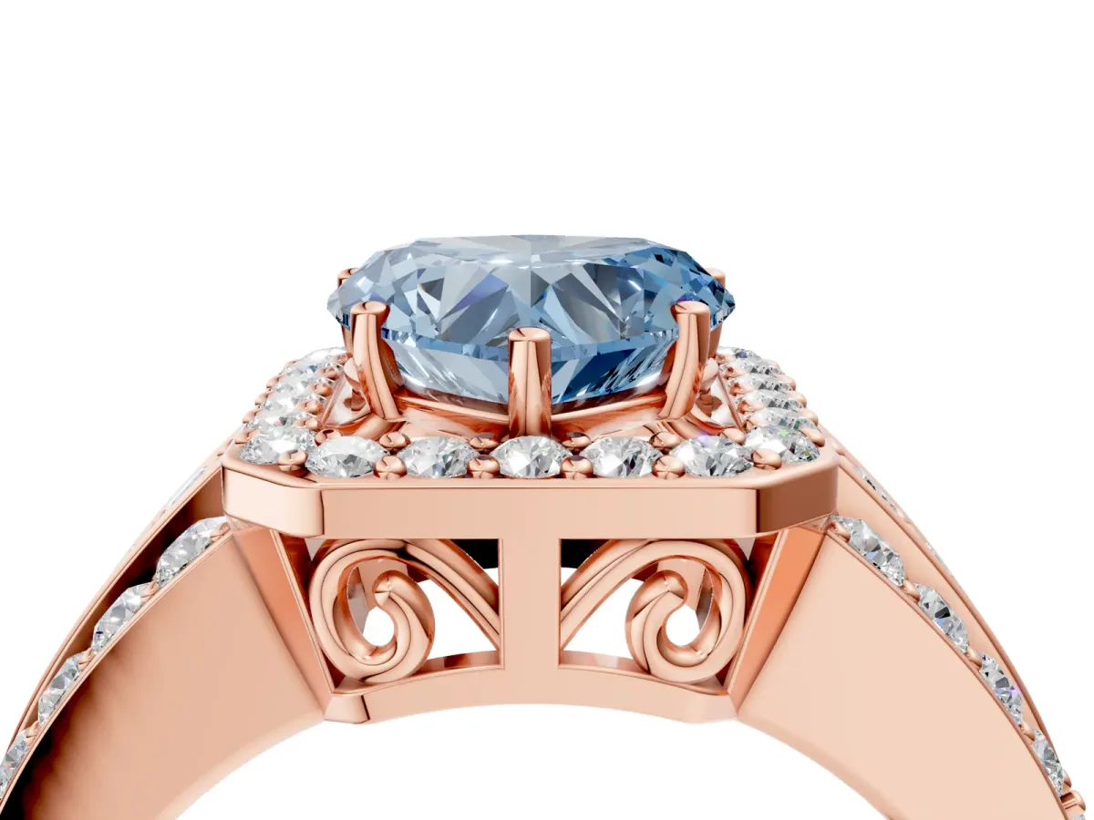 Fancy Blue Heart Cut Halo Diamond Ring with Round Split Shank and Prong Setting Rose gold