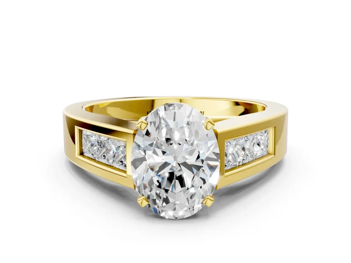 Oval Cut Cut Channel Set Solitaire Ring with Four-Prong Setting Yellow gold