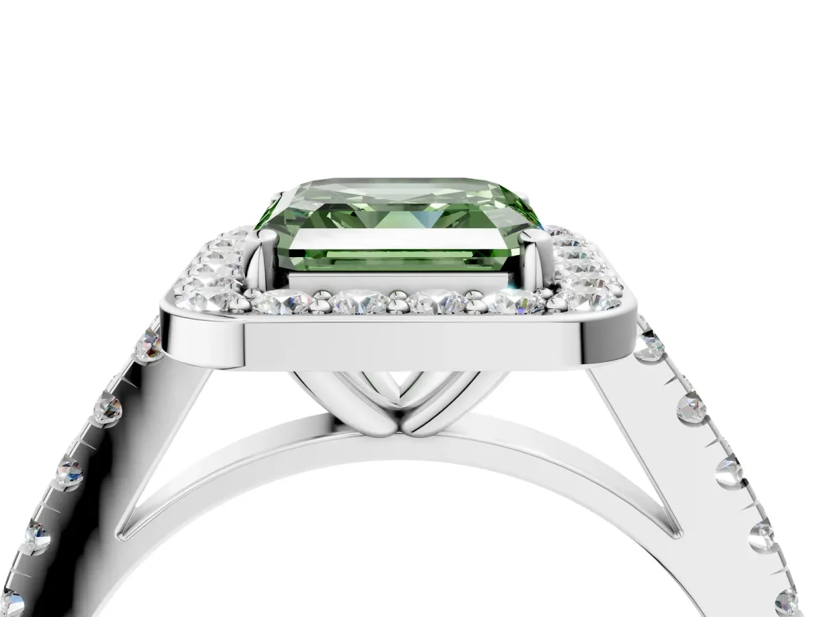 Fancy Green Asscher Cut Diamond Halo Ring with Round Pavé Split Shank and Prong Setting Platinum