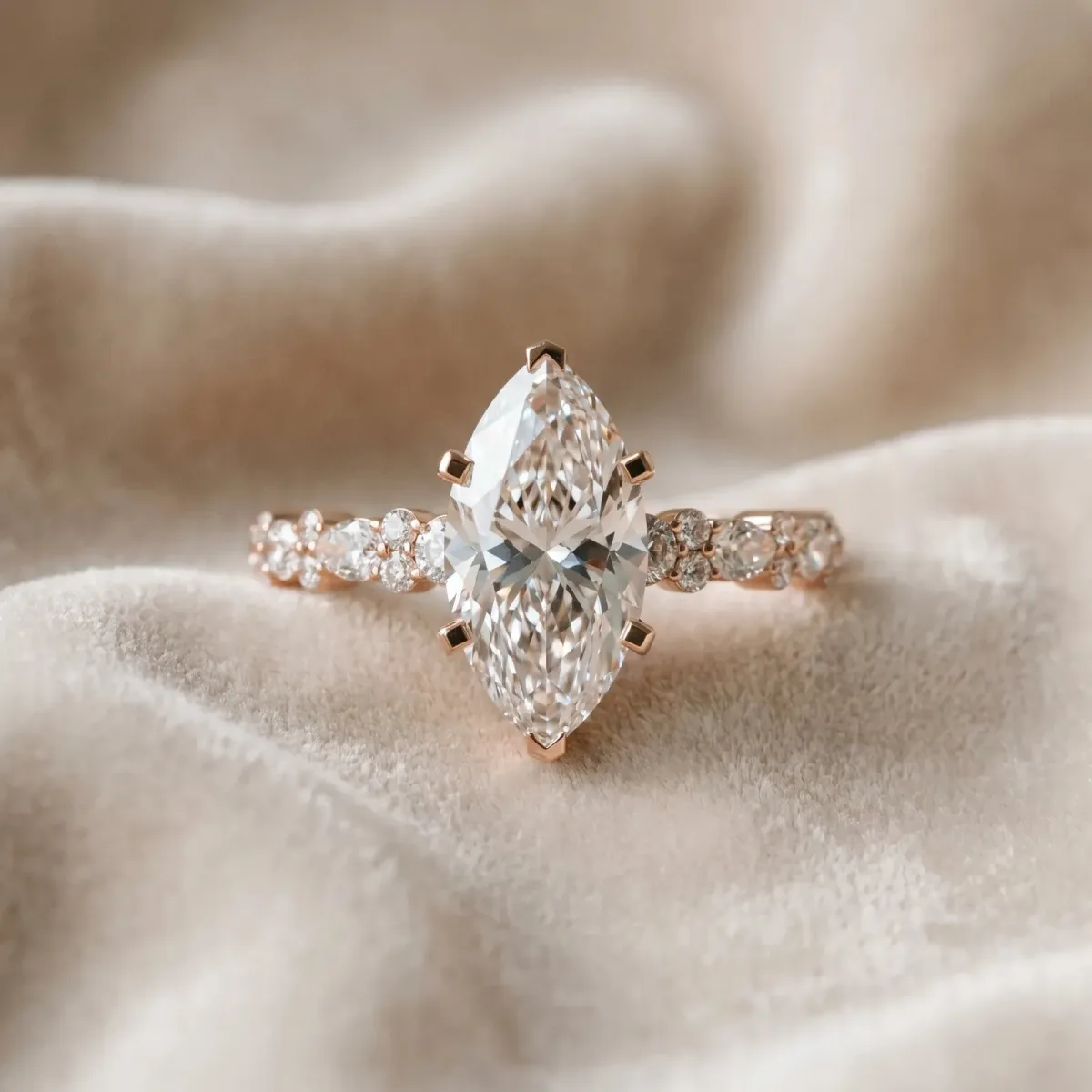Marquise Cut Diamond Side Stone Solitaire Ring with Round and Four-Prong Setting Rose gold
