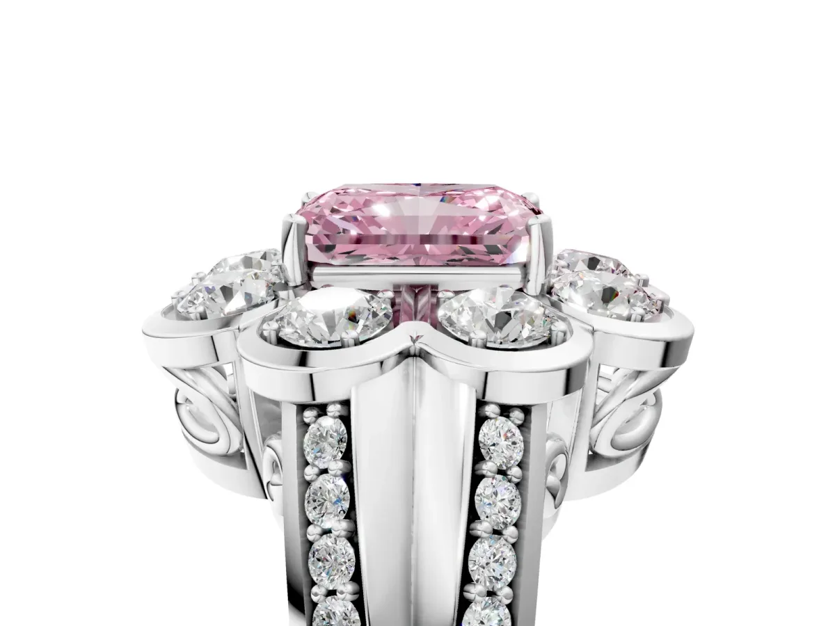 Fancy Pink Radiant Cut Brilliant Flower Halo Diamond Split Shank Ring Platinum