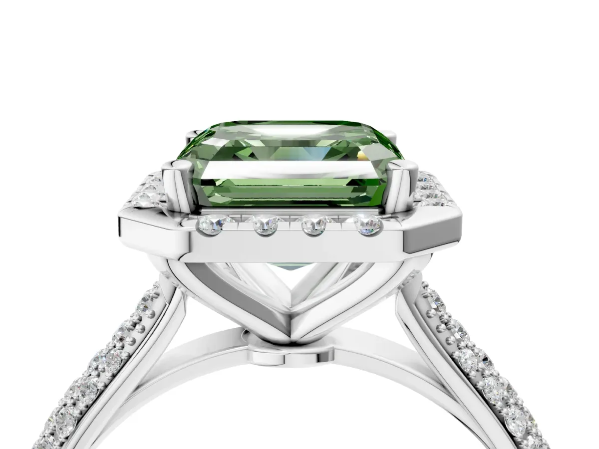 Fancy Green Asscher Cut Cut Halo Pave Band Four-Prong Setting Ring Platinum