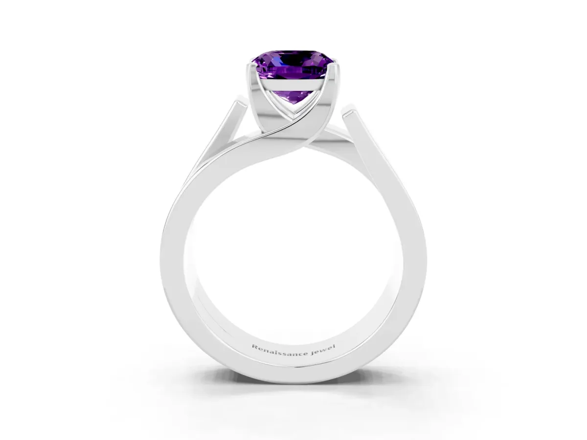 Modern Tension Set Cushion Cut Amethyst Solitaire Wide Band Ring Platinum