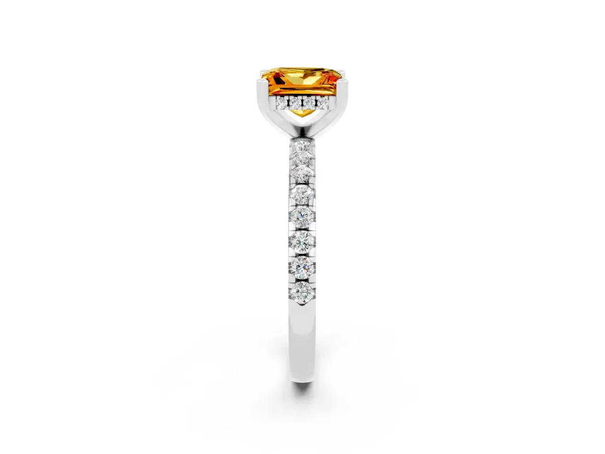 Princess Cut Citrine Solitaire Ring with Round Pavé Band and Four-Prong Setting Silver