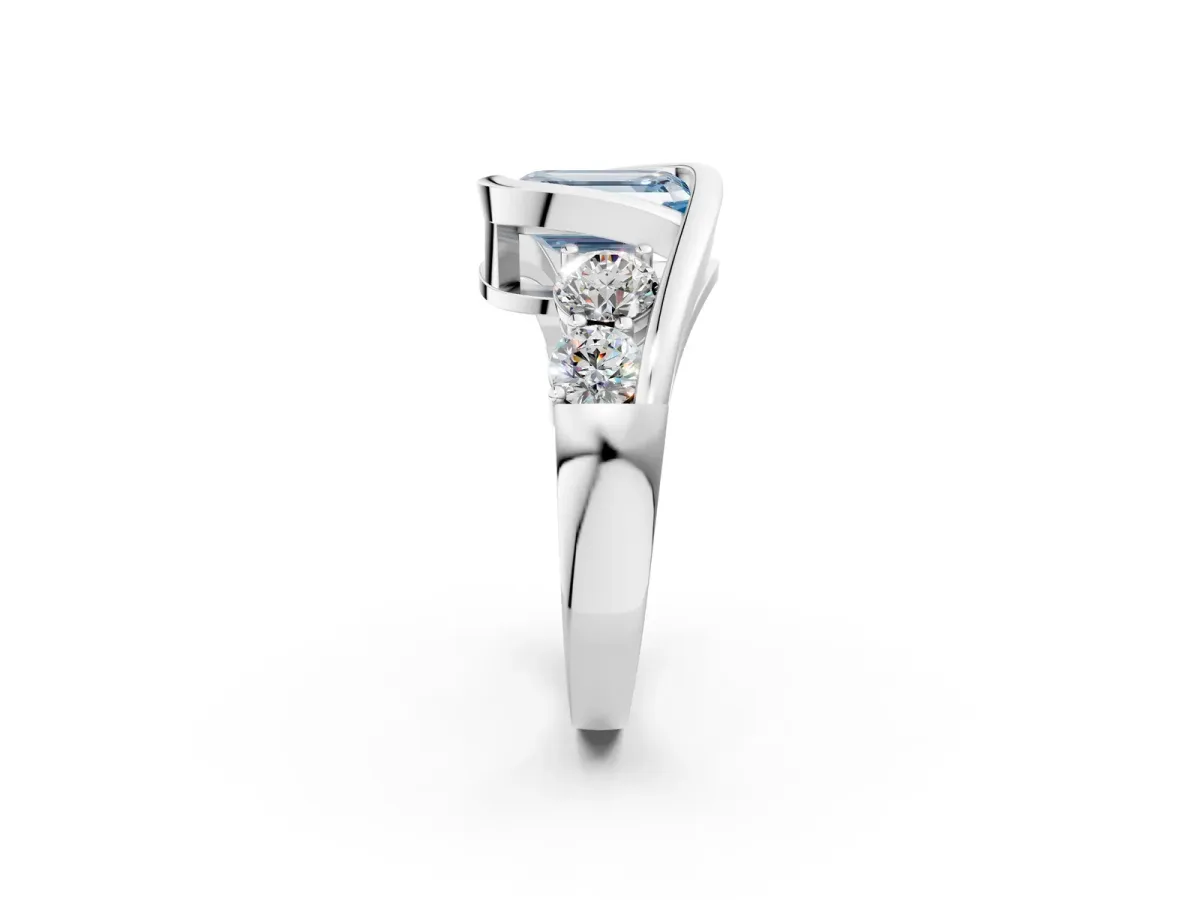 Fancy Blue Bezel Set Emerald Cut Diamond Bypass Ring with Round Accents Platinum