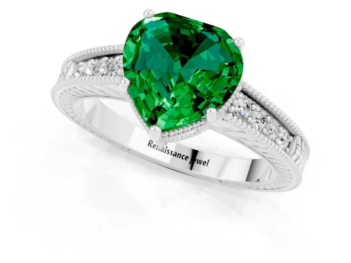 Heart Cut Emerald Ring with Milgrain Pavé Band and Four-Prong Setting Platinum