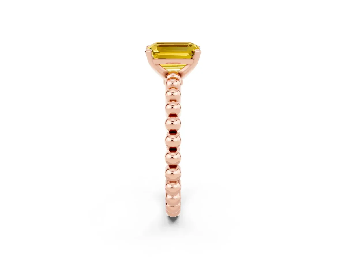 Emerald Cut Yellow Sapphire Solitaire Ring with Beaded Band and Prong Setting Rose gold