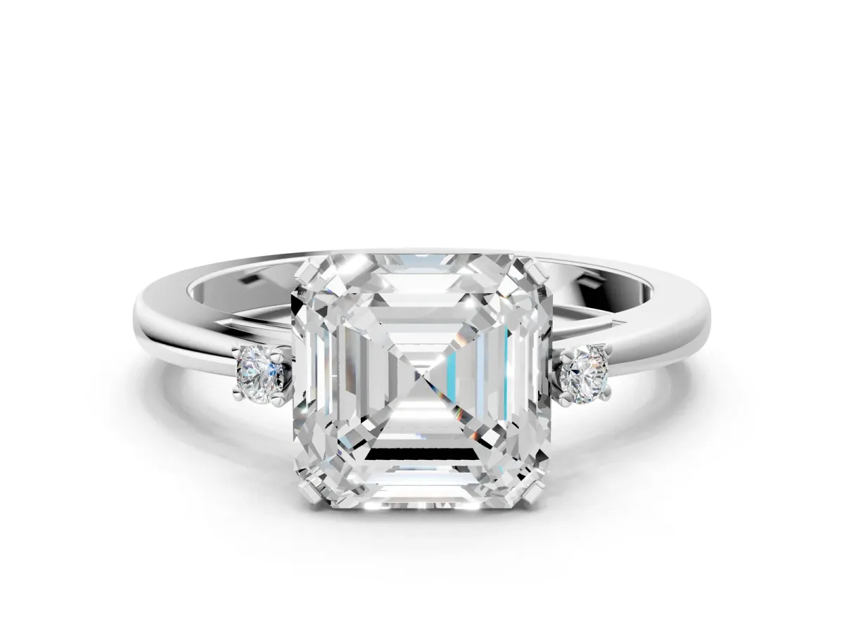 Asscher Cut Cut Three-Stone Solitaire Ring with Round Accent Diamonds and Four-Prong Setting Platinum